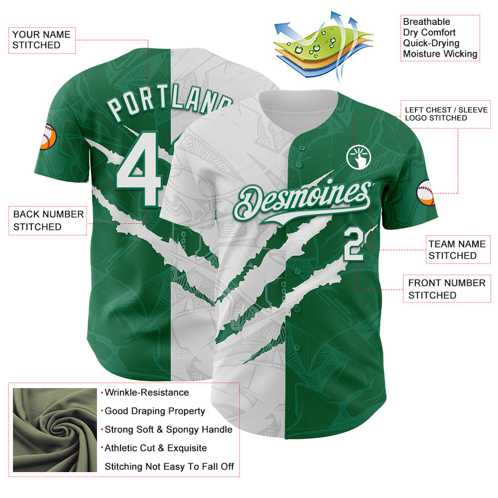 Custom Graffiti Pattern White-Kelly Green 3D Scratch Authentic Baseball Jersey