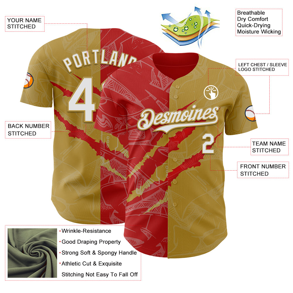 Custom Graffiti Pattern White Old Gold-Red 3D Scratch Authentic Baseball Jersey