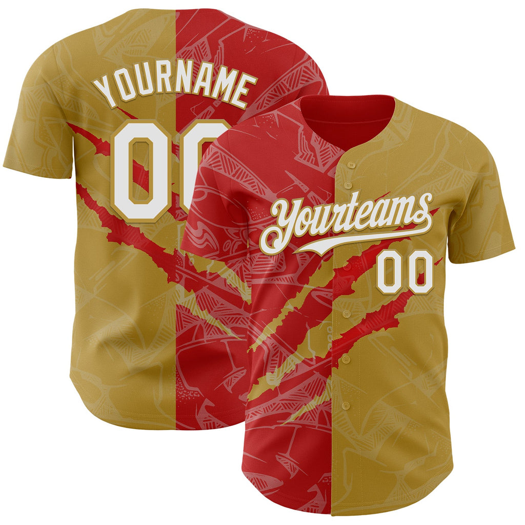 Custom Graffiti Pattern White Old Gold-Red 3D Scratch Authentic Baseball Jersey