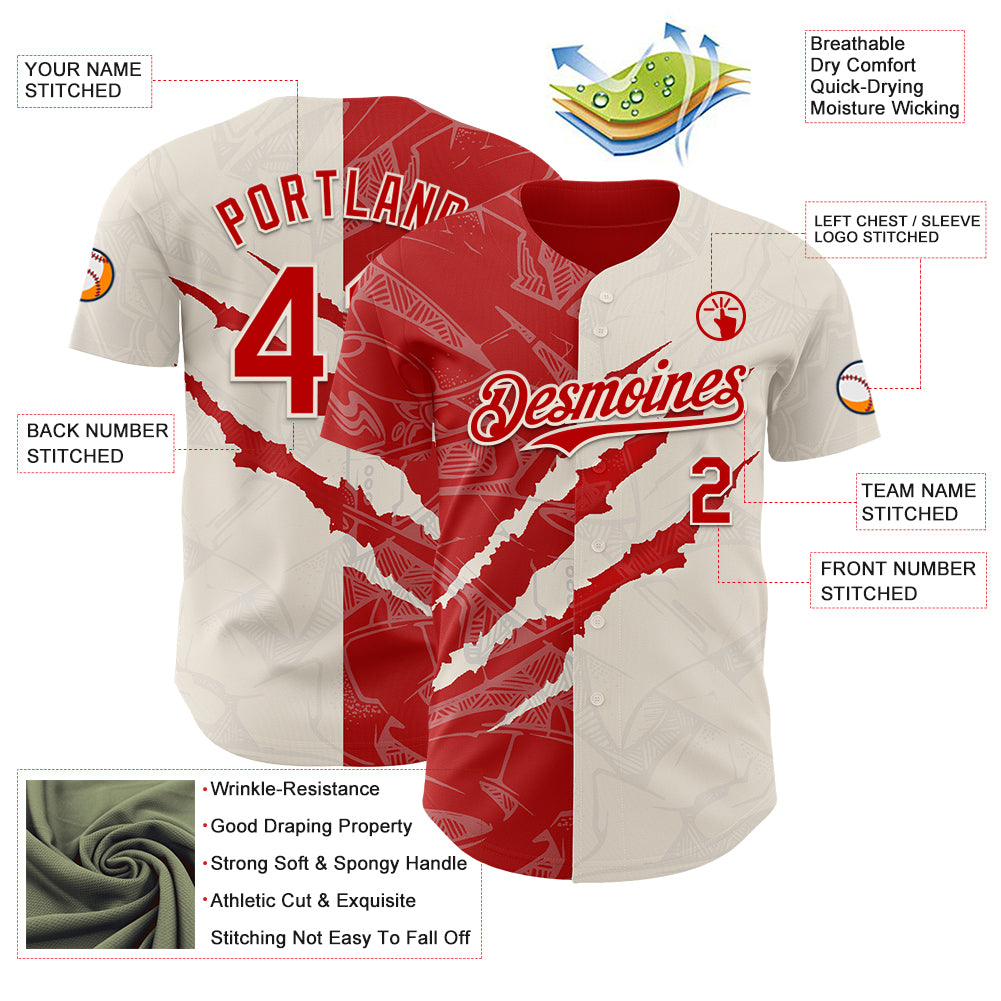 Custom Graffiti Pattern Red-Cream 3D Scratch Authentic Baseball Jersey