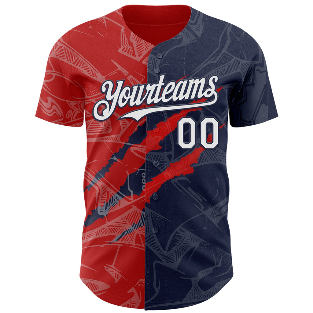 Custom Graffiti Pattern White Navy-Red 3D Scratch Authentic Baseball Jersey