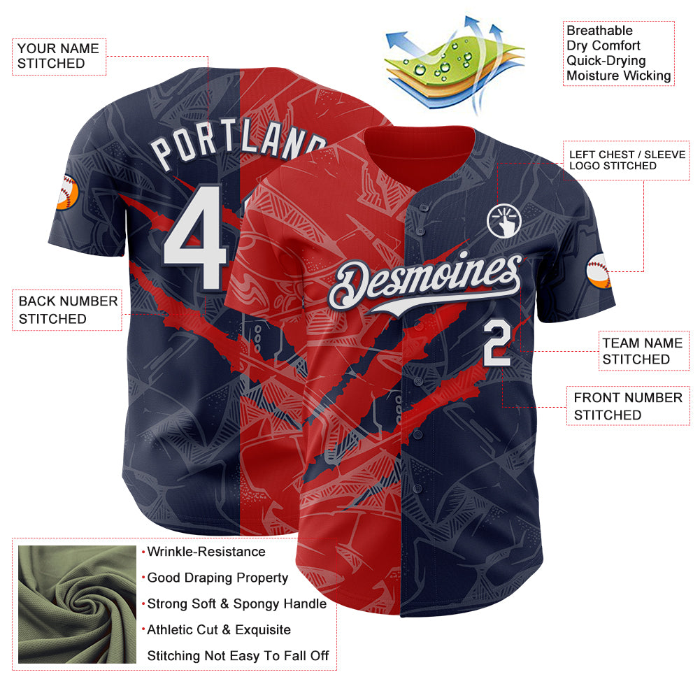 Custom Graffiti Pattern White Navy-Red 3D Scratch Authentic Baseball Jersey