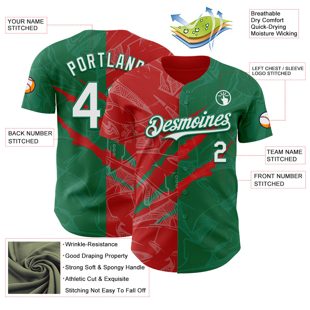 Custom Graffiti Pattern White Kelly Green-Red 3D Scratch Authentic Baseball Jersey