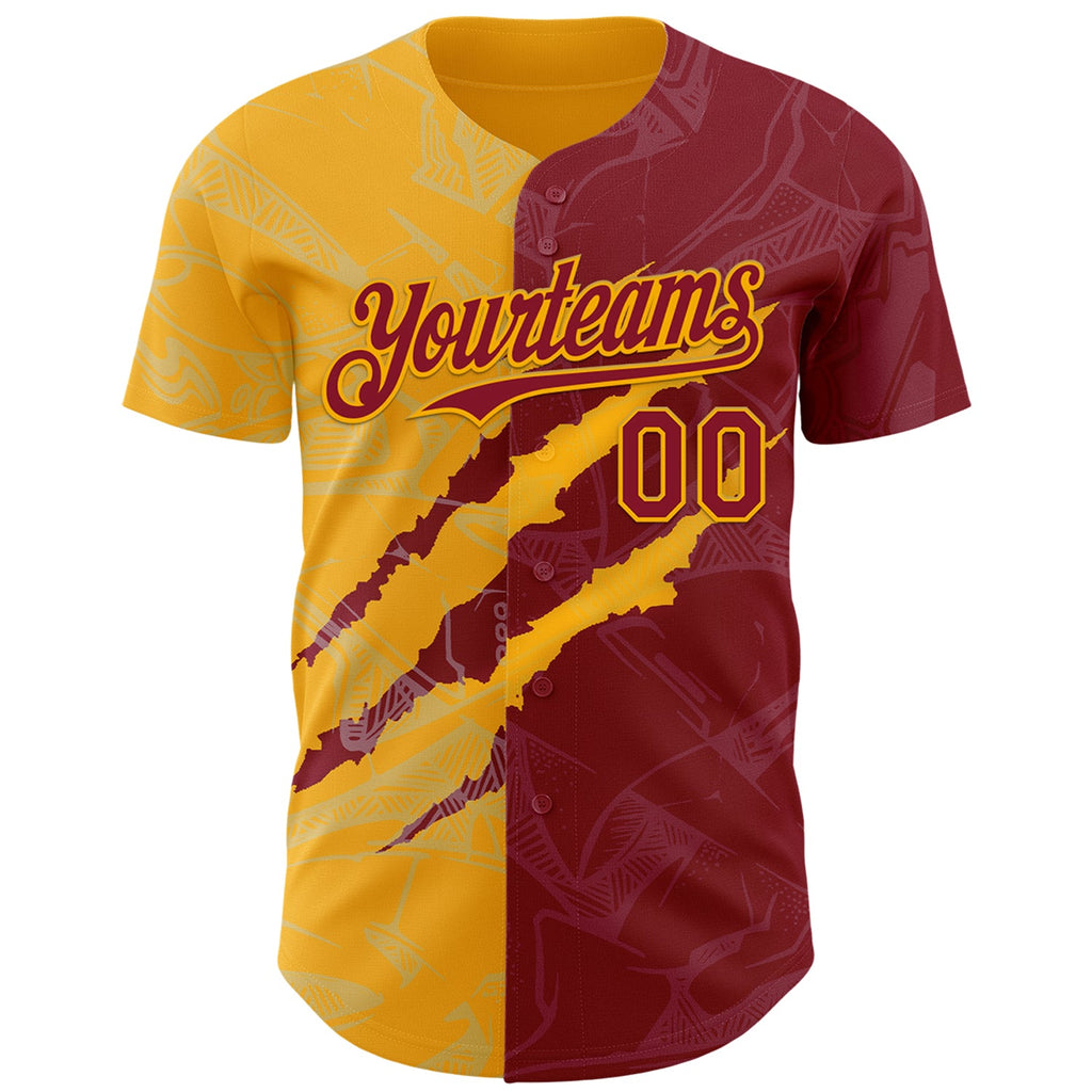 Custom Graffiti Pattern Crimson-Gold 3D Scratch Authentic Baseball Jersey