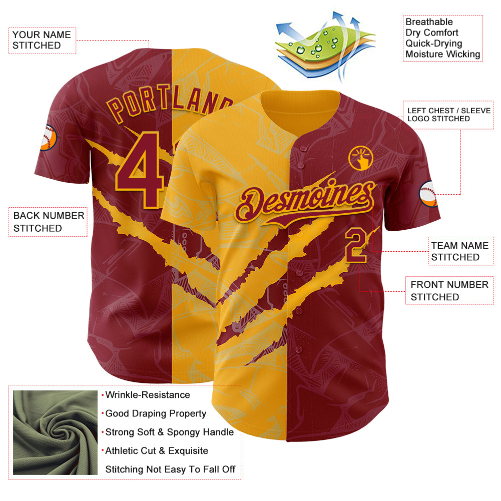Custom Graffiti Pattern Crimson-Gold 3D Scratch Authentic Baseball Jersey