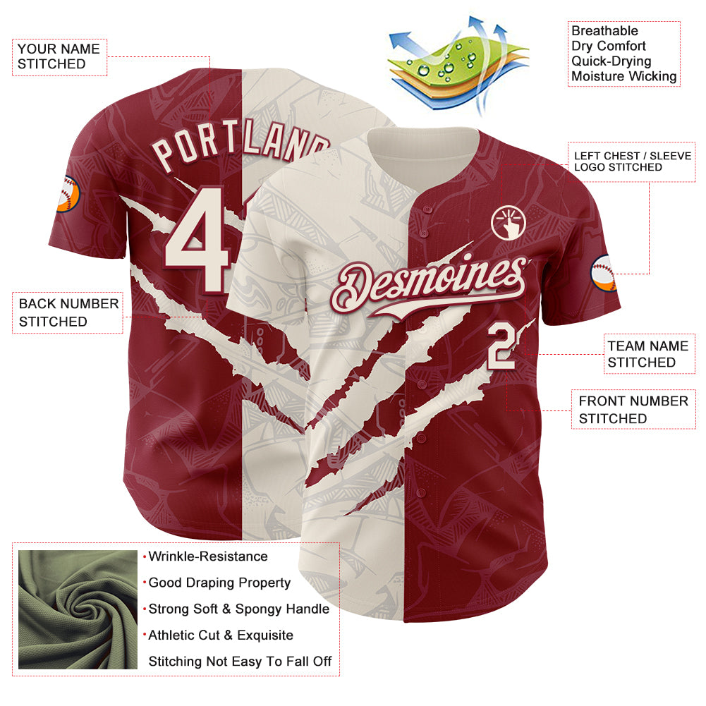 Custom Graffiti Pattern Cream-Crimson 3D Scratch Authentic Baseball Jersey
