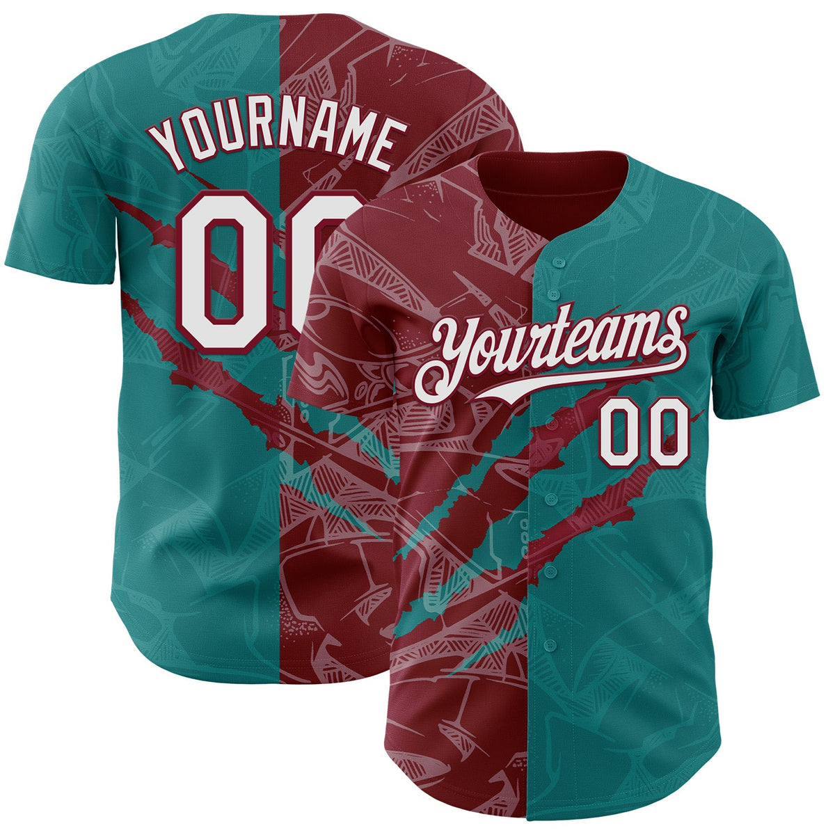 Custom Graffiti Pattern White Teal-Crimson 3D Scratch Authentic Baseball Jersey