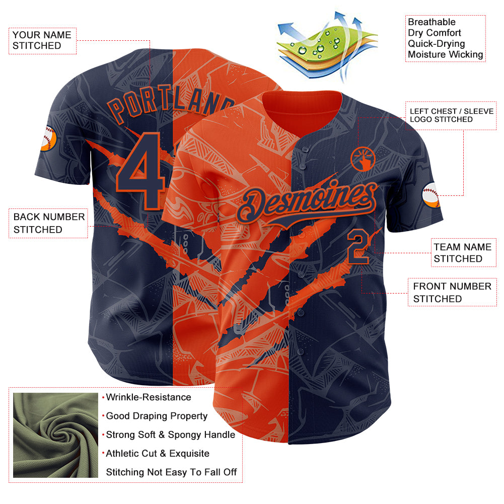 Custom Graffiti Pattern Navy-Orange 3D Scratch Authentic Baseball Jersey
