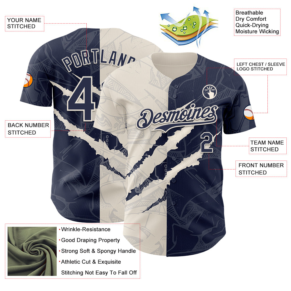 Custom Graffiti Pattern Navy-Cream 3D Scratch Authentic Baseball Jersey