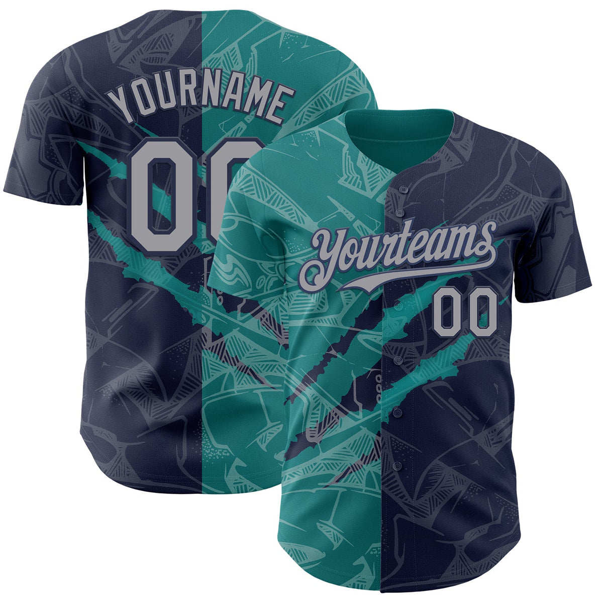 Custom Graffiti Pattern Gray Navy-Teal 3D Scratch Authentic Baseball Jersey