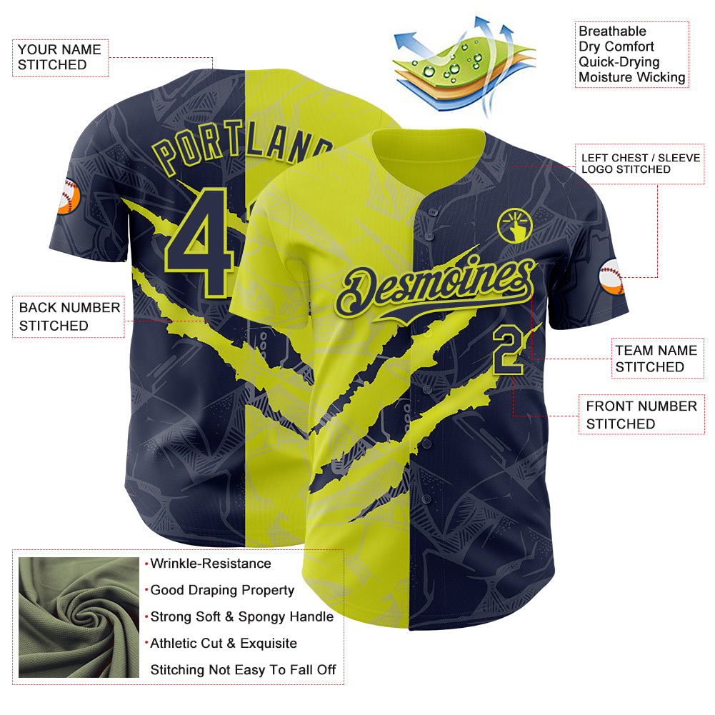 Custom Graffiti Pattern Navy-Neon Yellow 3D Scratch Authentic Baseball Jersey