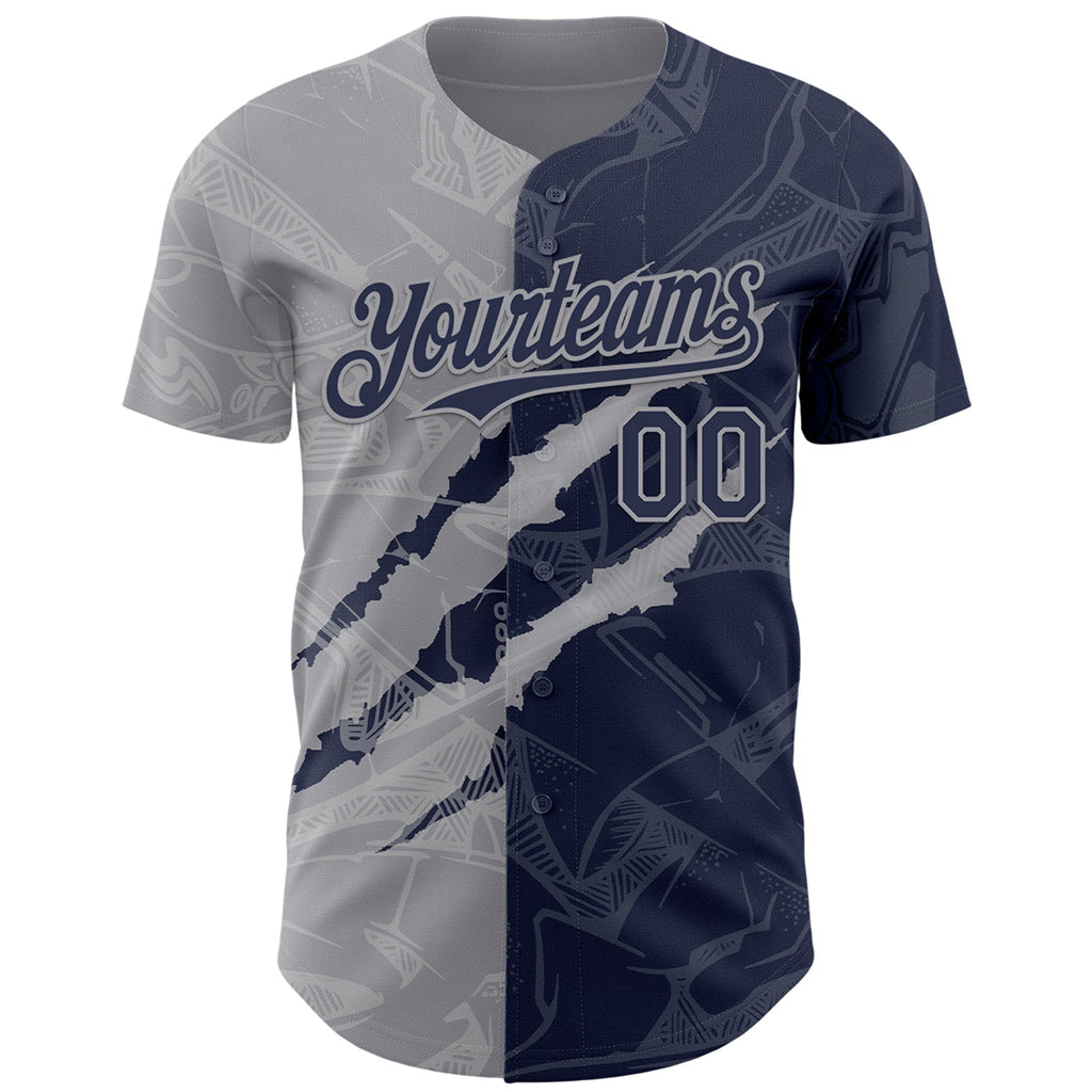 Custom Graffiti Pattern Navy-Gray 3D Scratch Authentic Baseball Jersey