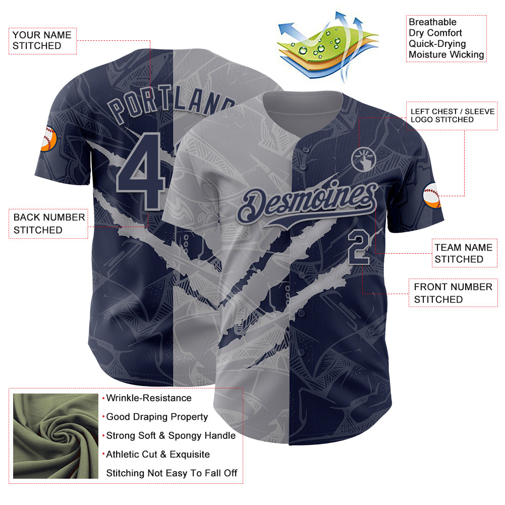 Custom Graffiti Pattern Navy-Gray 3D Scratch Authentic Baseball Jersey