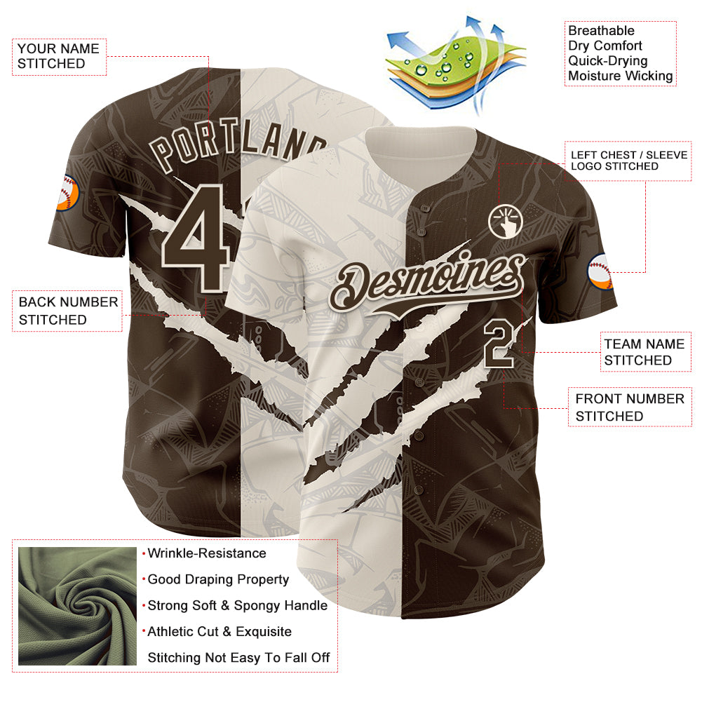 Custom Graffiti Pattern Brown-Cream 3D Scratch Authentic Baseball Jersey