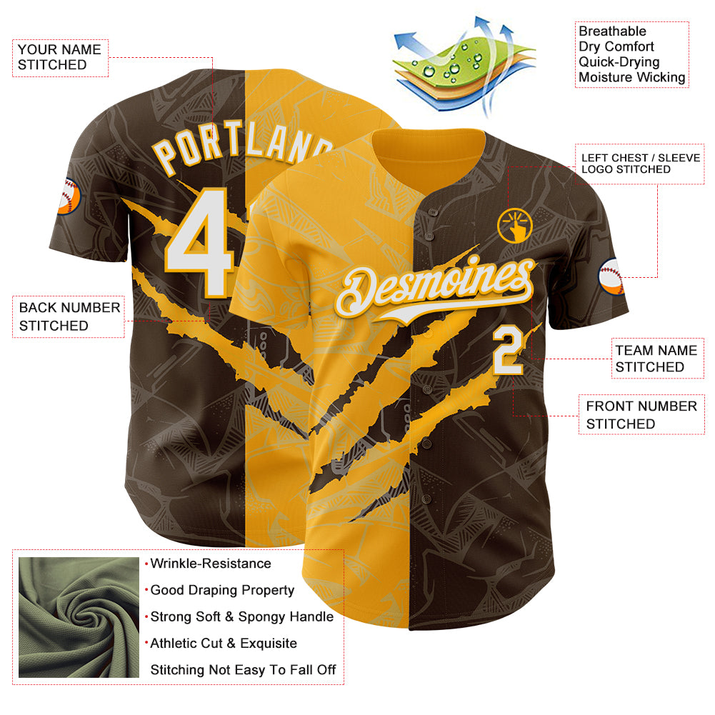 Custom Graffiti Pattern White Brown-Gold 3D Scratch Authentic Baseball Jersey