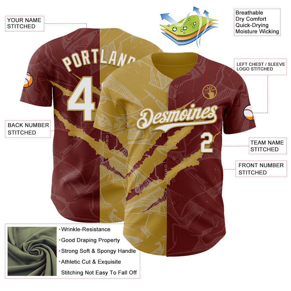 Custom Graffiti Pattern White Burgundy-Old Gold 3D Scratch Authentic Baseball Jersey