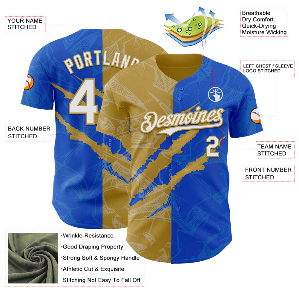Custom Graffiti Pattern White Thunder Blue-Old Gold 3D Scratch Authentic Baseball Jersey