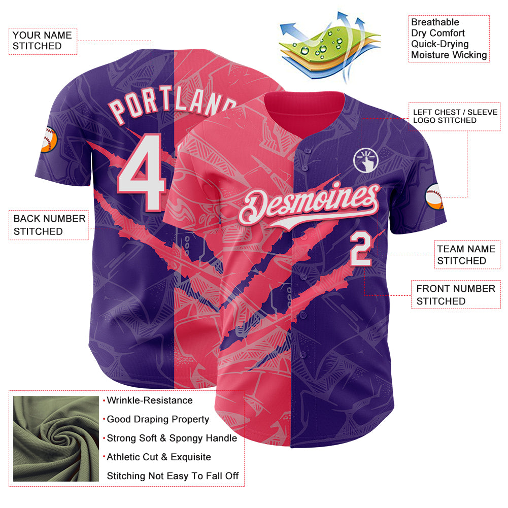 Custom Graffiti Pattern White Purple-Neon Pink 3D Scratch Authentic Baseball Jersey