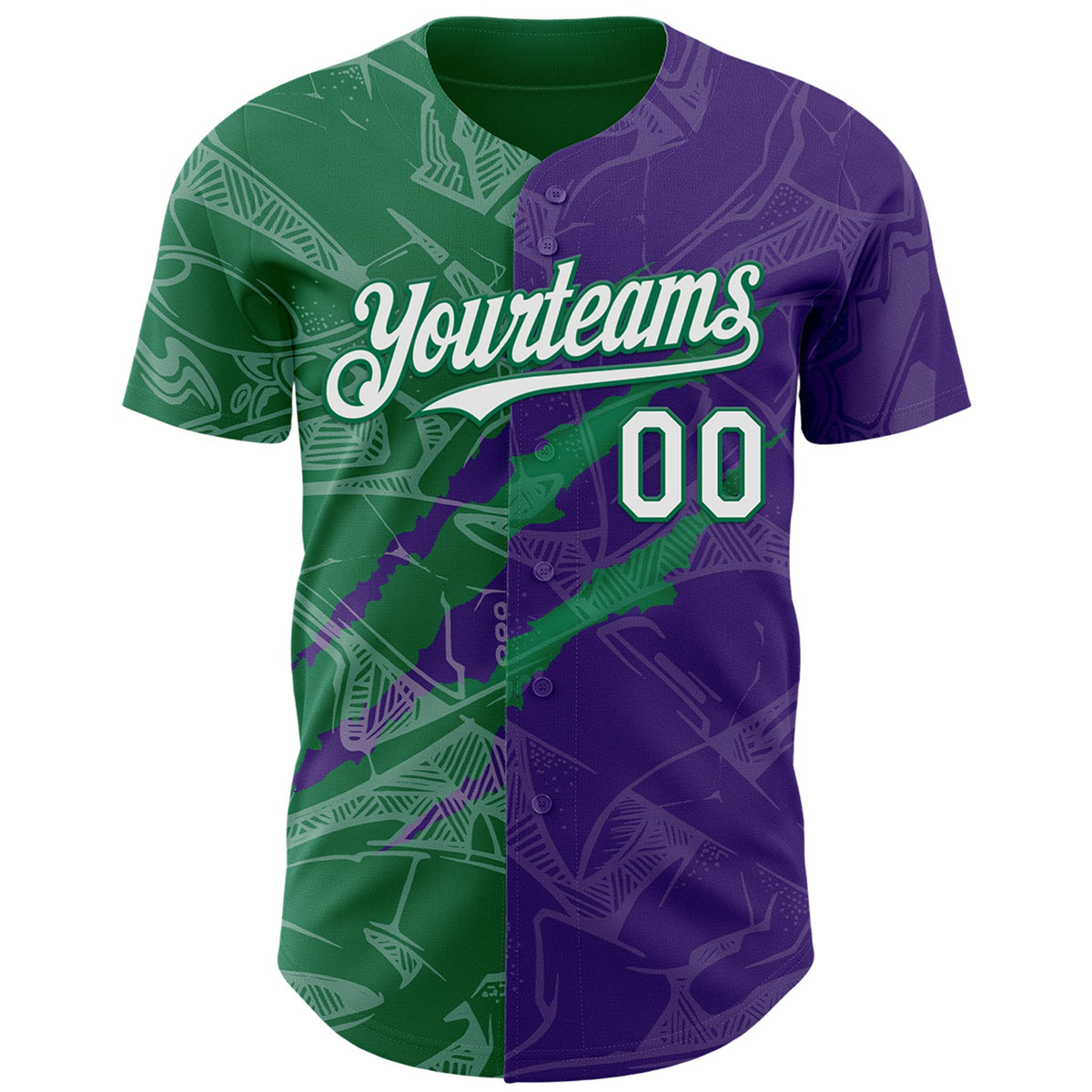 Custom Graffiti Pattern White Purple-Kelly Green 3D Scratch Authentic Baseball Jersey