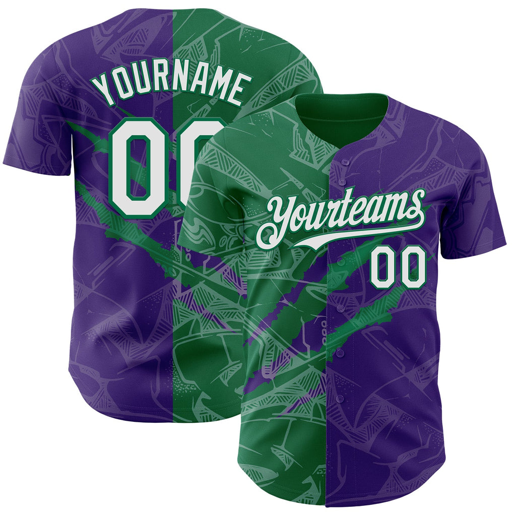 Custom Graffiti Pattern White Purple-Kelly Green 3D Scratch Authentic Baseball Jersey