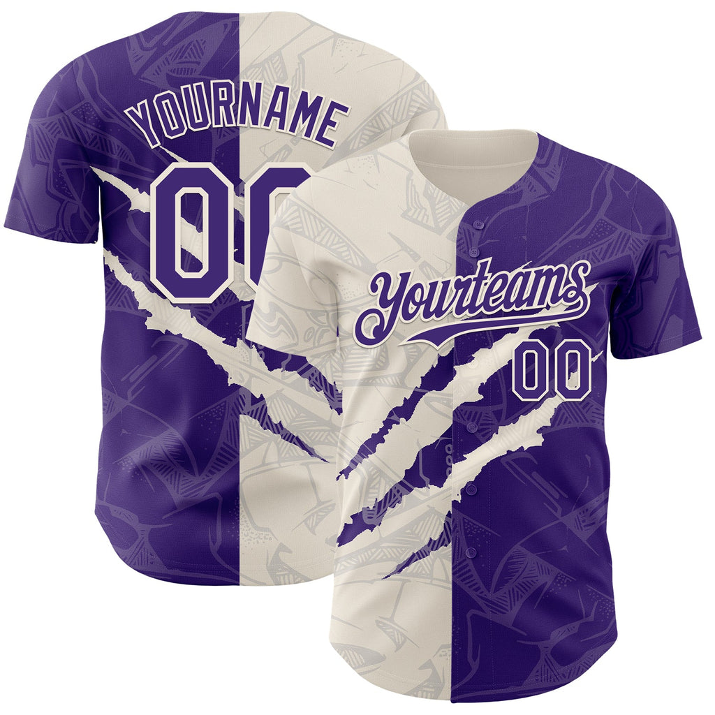 Custom Graffiti Pattern Purple-Cream 3D Scratch Authentic Baseball Jersey