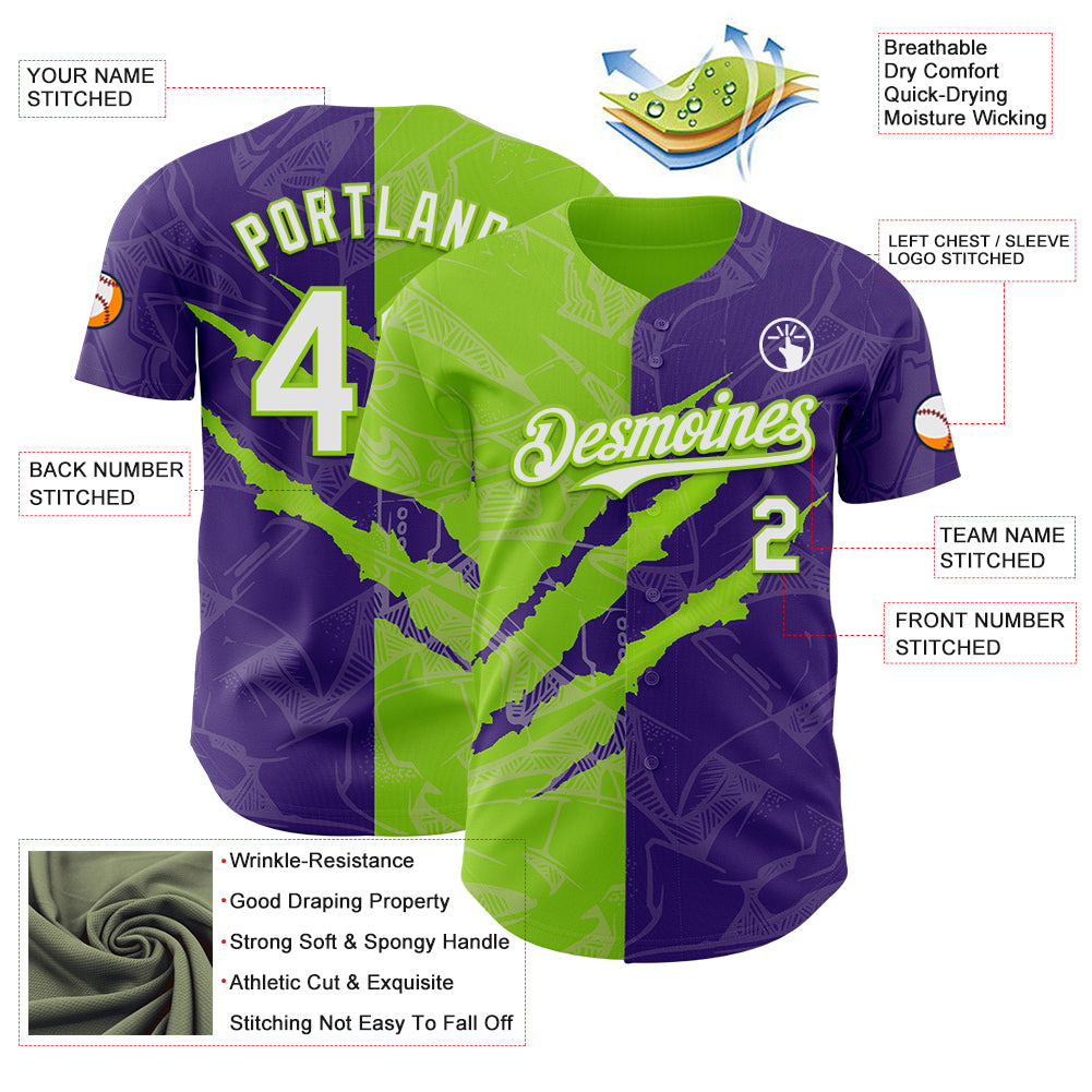 Custom Graffiti Pattern White Purple-Neon Green 3D Scratch Authentic Baseball Jersey