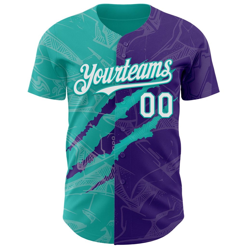 Custom Graffiti Pattern White Purple-Aqua 3D Scratch Authentic Baseball Jersey