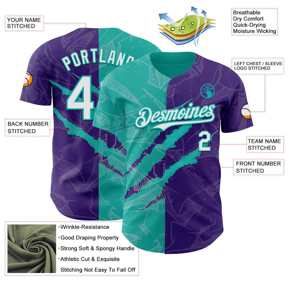 Custom Graffiti Pattern White Purple-Aqua 3D Scratch Authentic Baseball Jersey