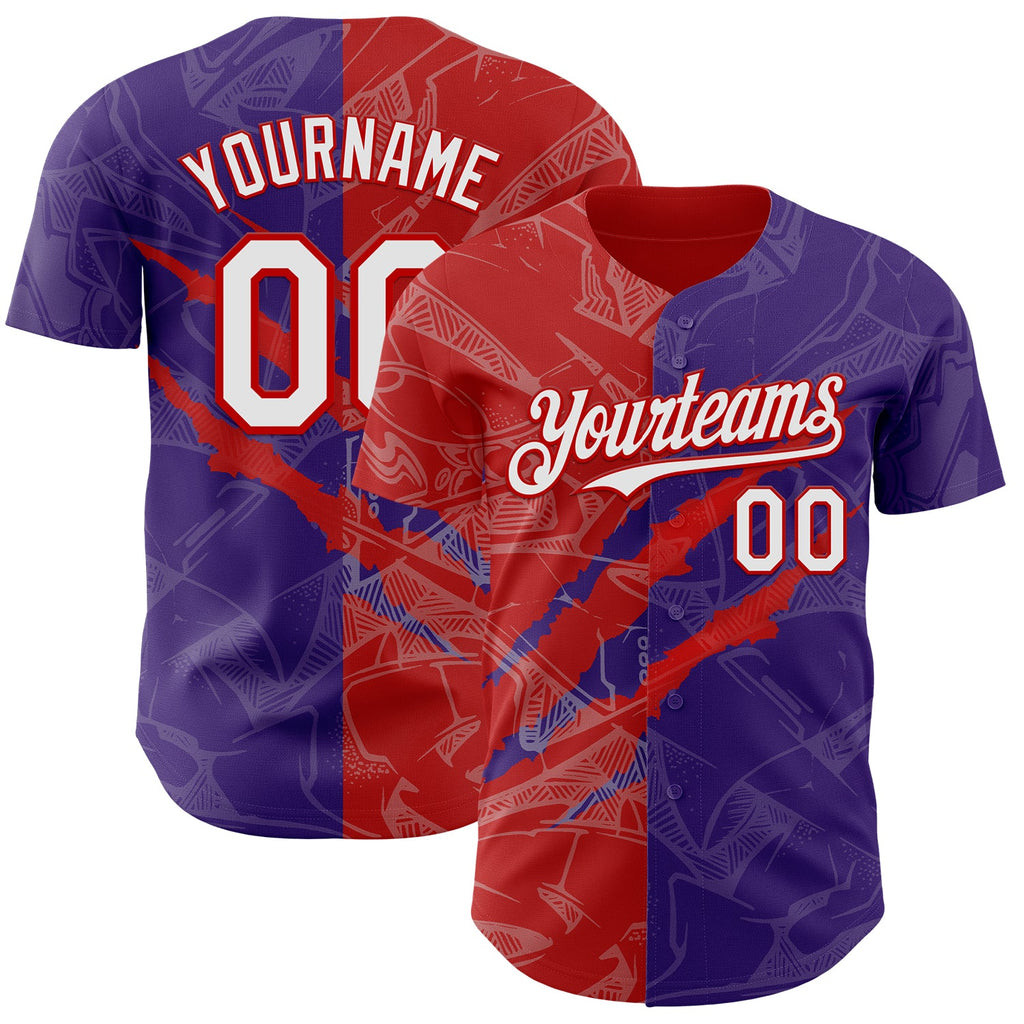 Custom Graffiti Pattern White Purple-Red 3D Scratch Authentic Baseball Jersey