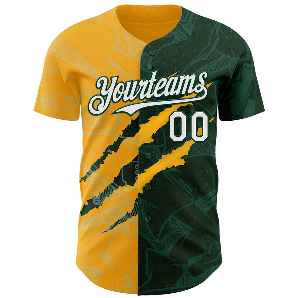 Custom Graffiti Pattern White Green-Gold 3D Scratch Authentic Baseball Jersey