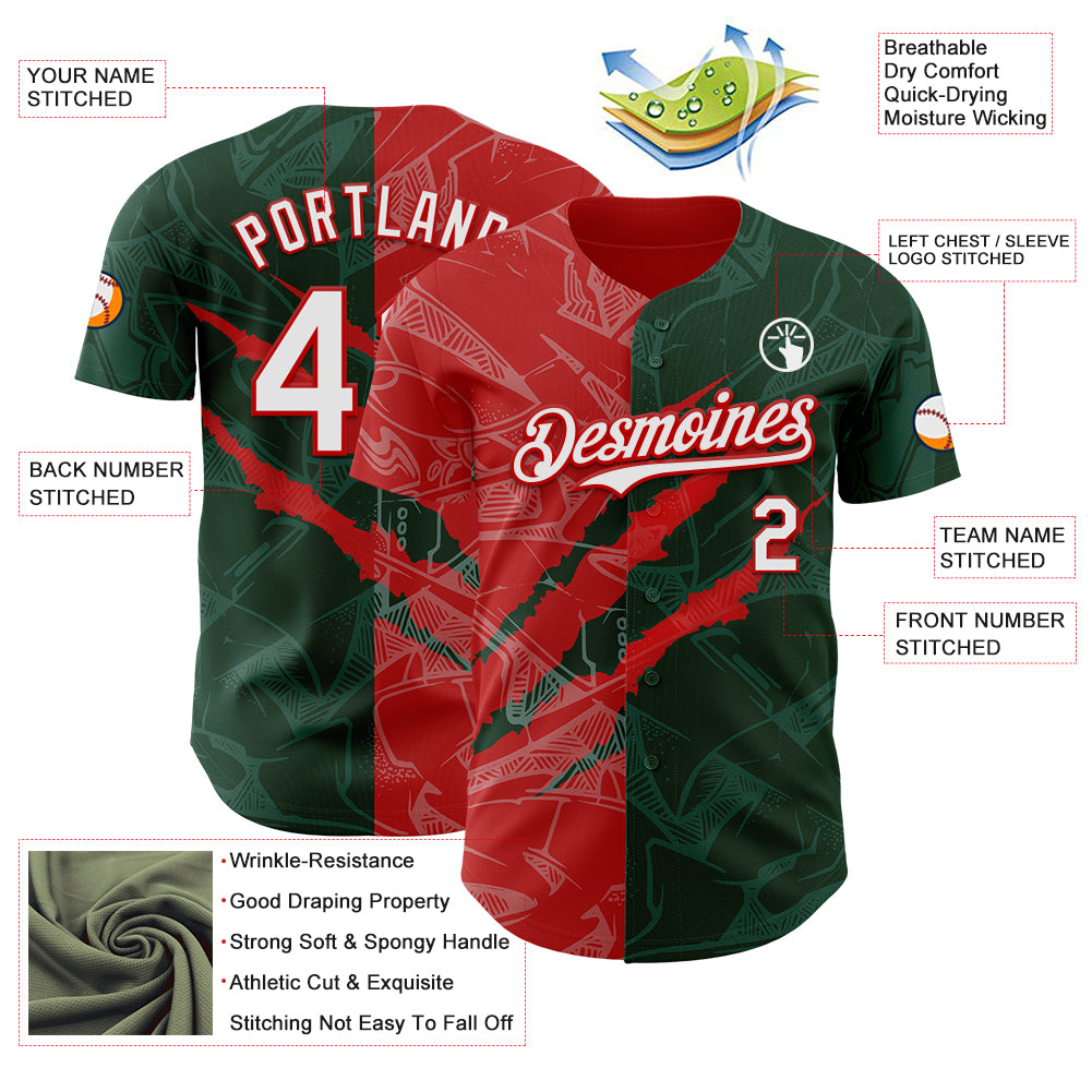 Custom Graffiti Pattern White Green-Red 3D Scratch Authentic Baseball Jersey