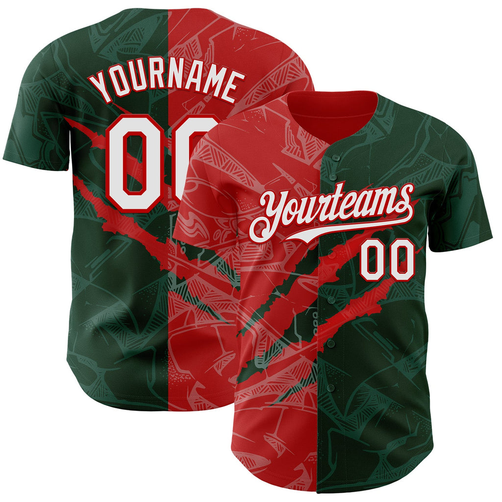 Custom Graffiti Pattern White Green-Red 3D Scratch Authentic Baseball Jersey