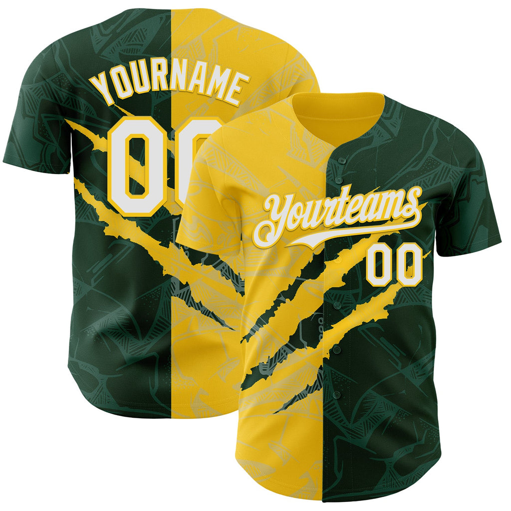 Custom Graffiti Pattern White Green-Yellow 3D Scratch Authentic Baseball Jersey