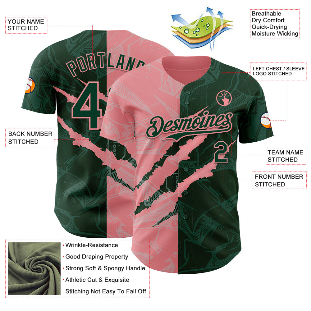 Custom Graffiti Pattern Green-Medium Pink 3D Scratch Authentic Baseball Jersey