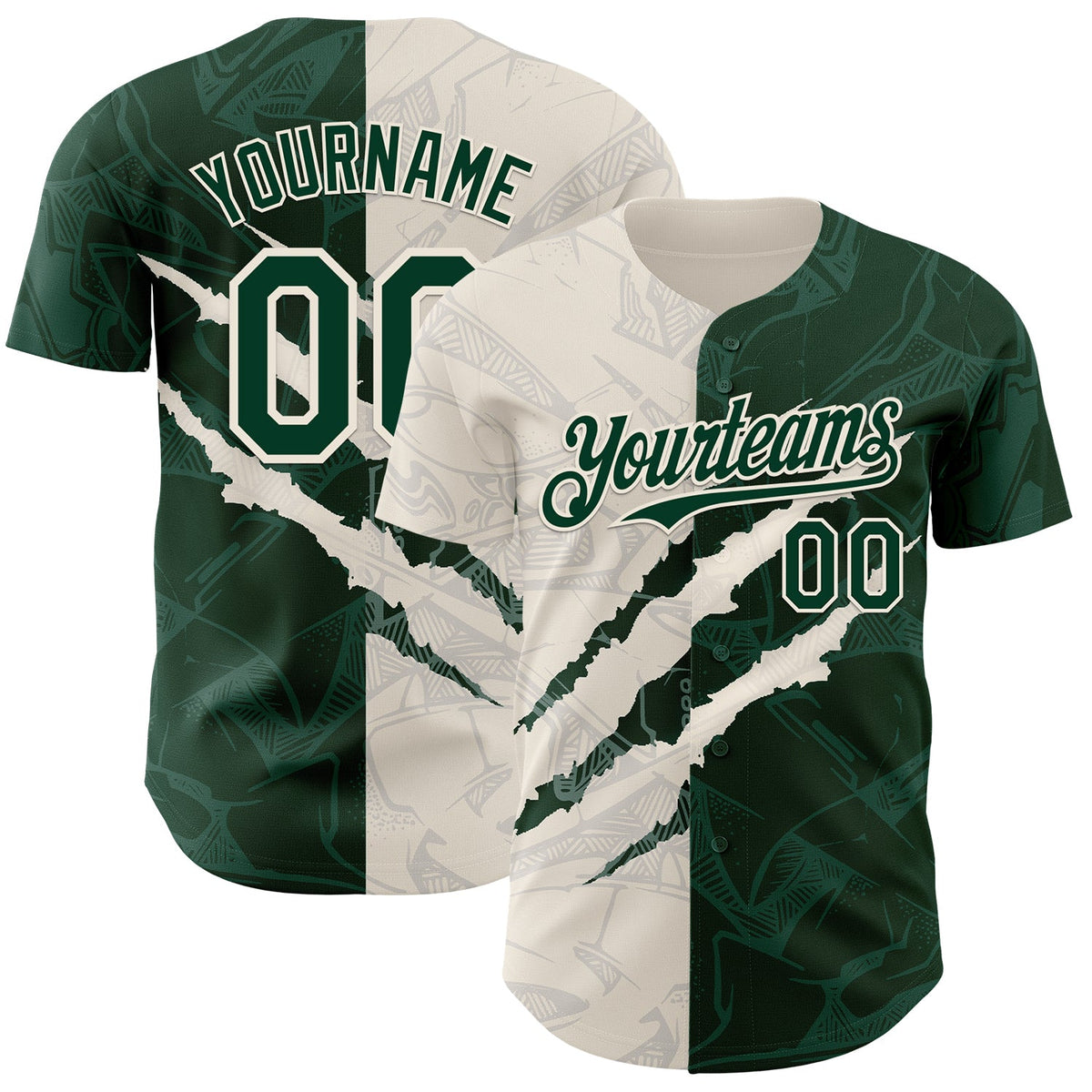 Custom Graffiti Pattern Green-Cream 3D Scratch Authentic Baseball Jersey
