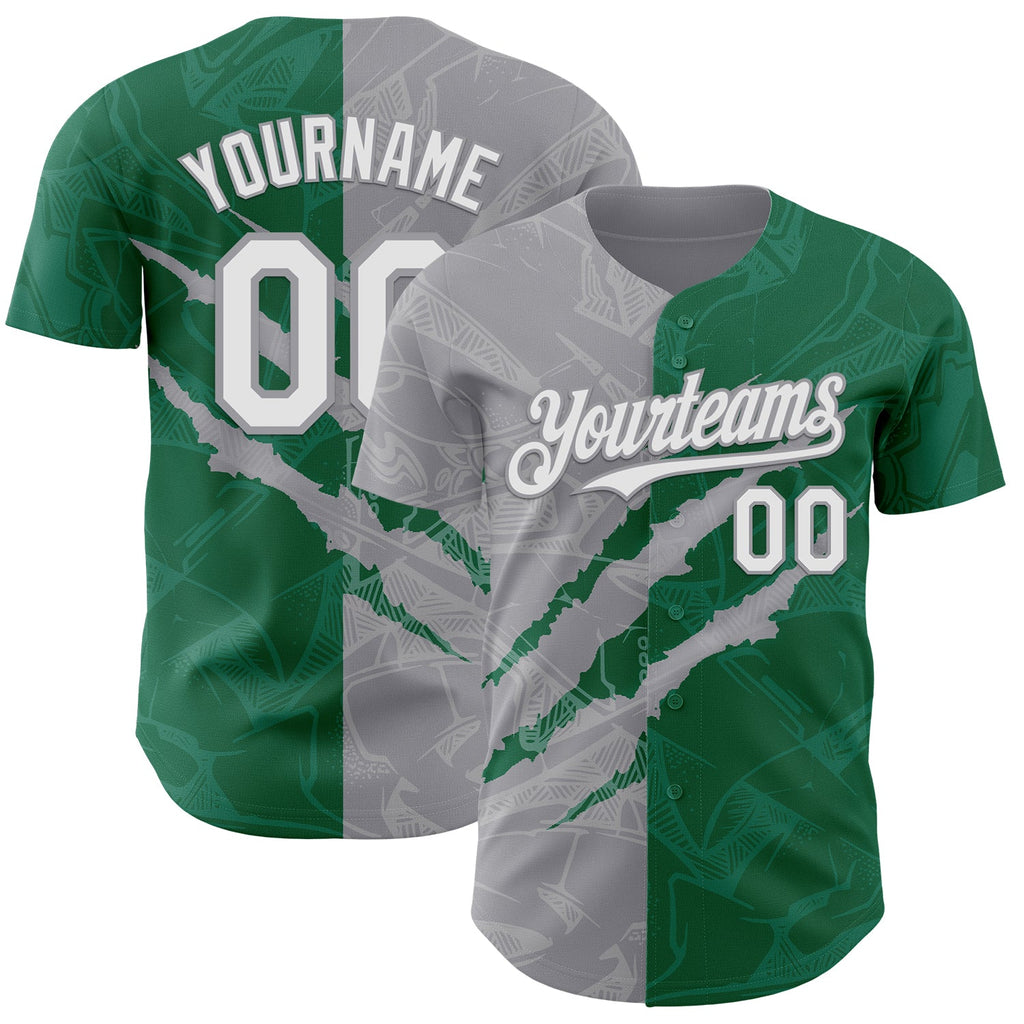 Custom Graffiti Pattern White Kelly Green-Gray 3D Scratch Authentic Baseball Jersey