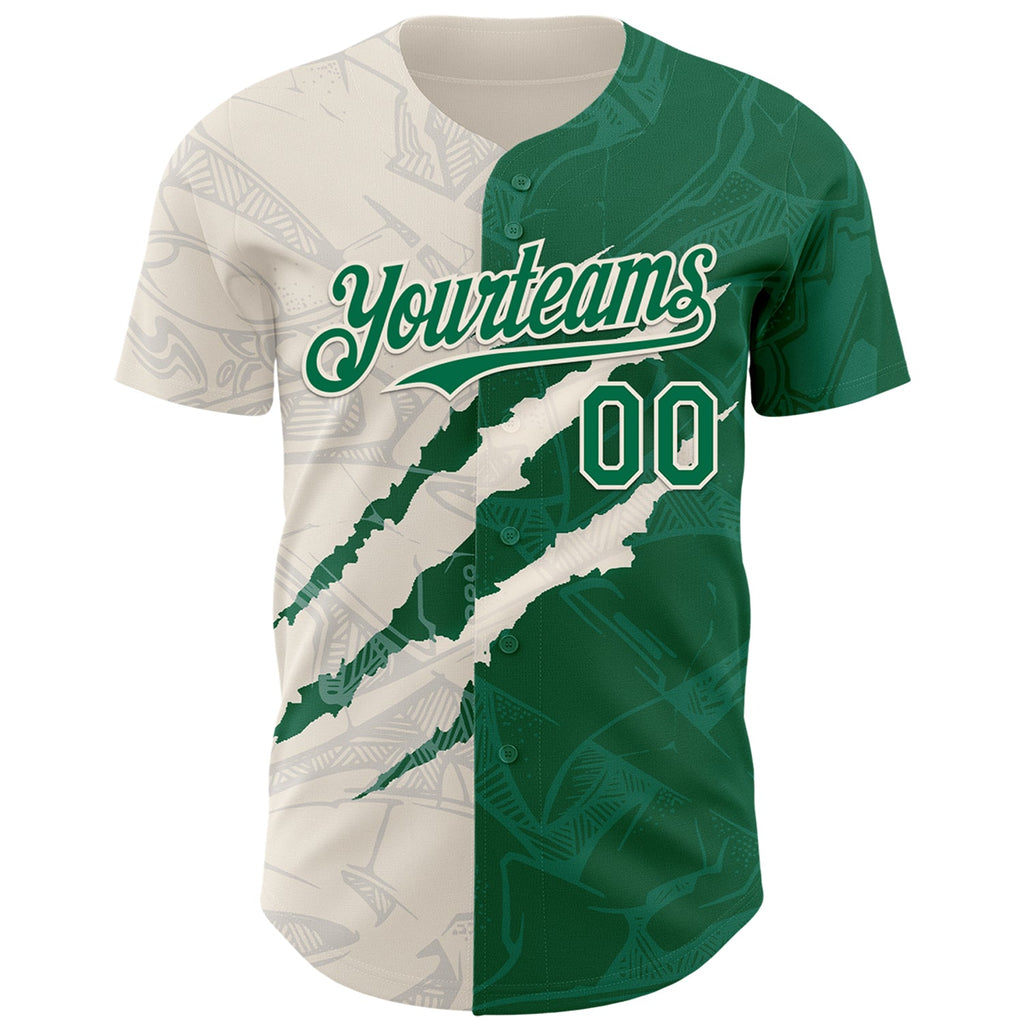 Custom Graffiti Pattern Kelly Green-Cream 3D Scratch Authentic Baseball Jersey