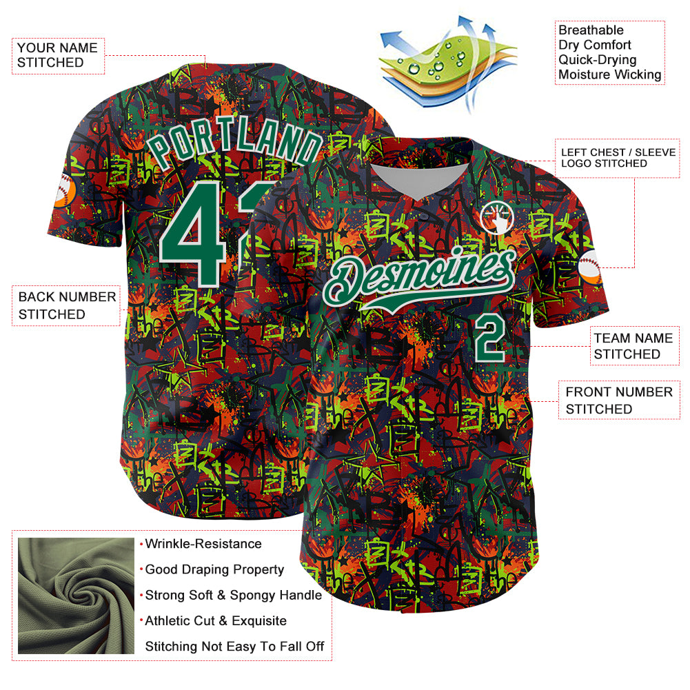 Custom Graffiti Pattern Kelly Green-White Splatter Authentic Baseball Jersey