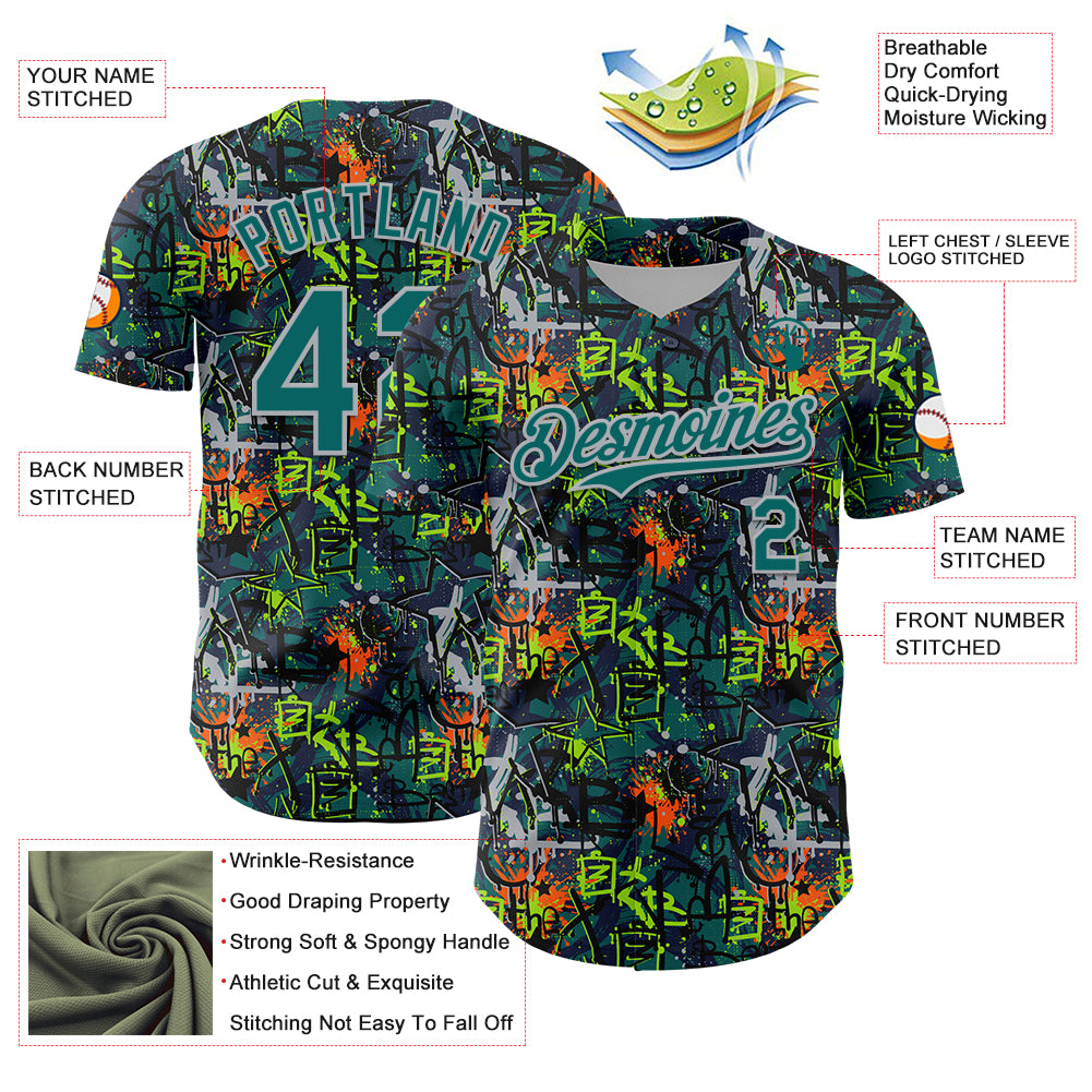 Custom Graffiti Pattern Teal-Gray Splatter Authentic Baseball Jersey