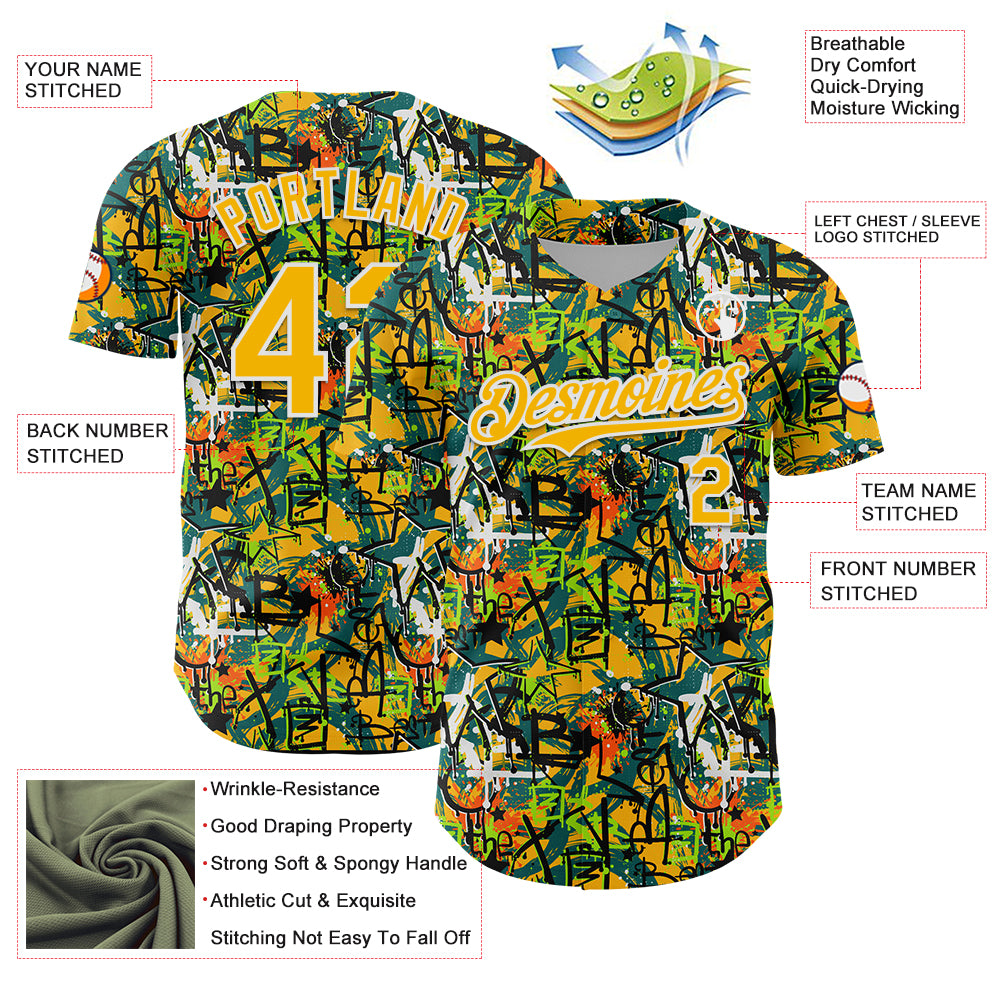 Custom Graffiti Pattern Gold-White Splatter Authentic Baseball Jersey