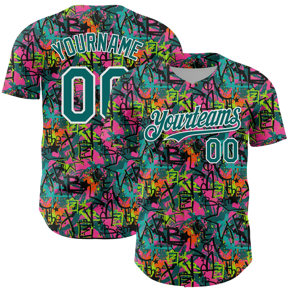 Custom Graffiti Pattern Teal-White Splatter Authentic Baseball Jersey