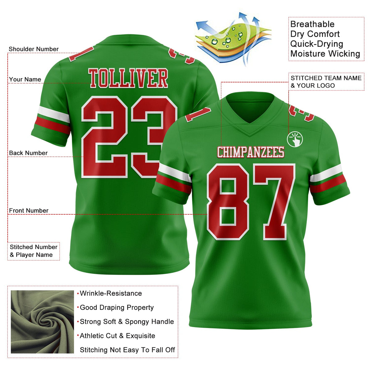 Custom Grass Green Red-White Authentic Football Jersey