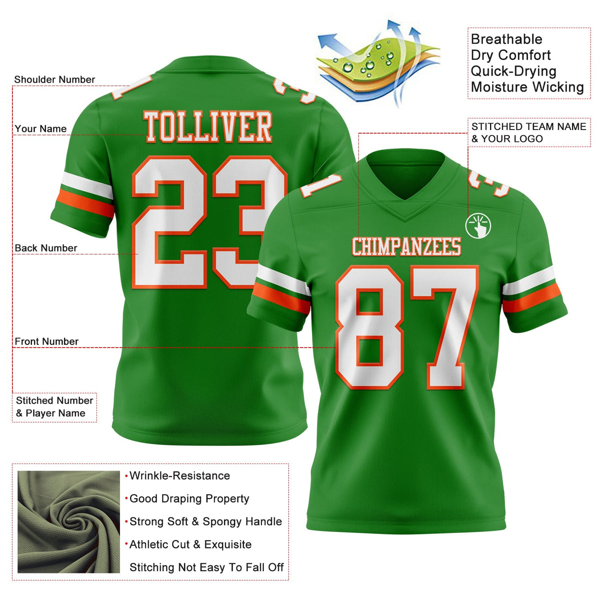 Custom Grass Green White-Orange Authentic Football Jersey