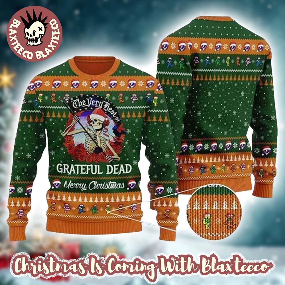 Grateful Dead The Very Best Of The Reaper Art With Dancing Bear Pattern Green Ugly Christmas Sweater