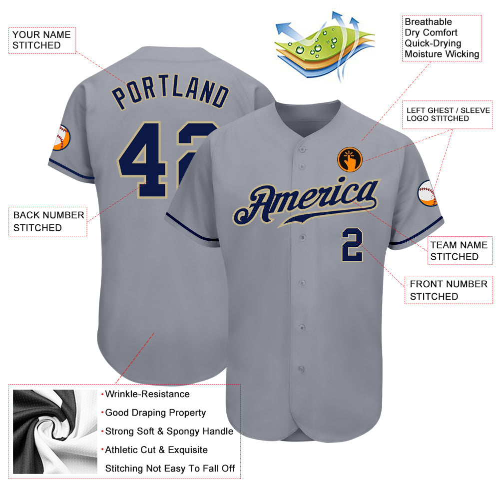 Custom Gray Navy-Vegas Gold Authentic Baseball Jersey