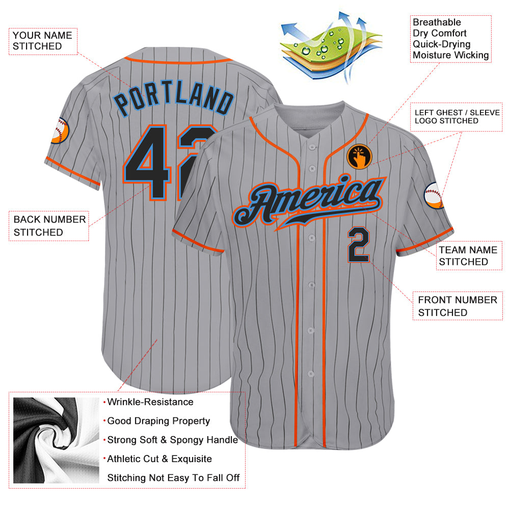 Custom Gray Black Pinstripe Black-Powder Blue Authentic Baseball Jersey