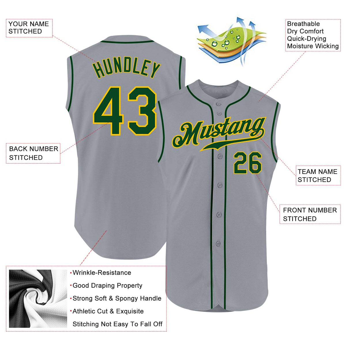 Custom Gray Green-Gold Authentic Sleeveless Baseball Jersey