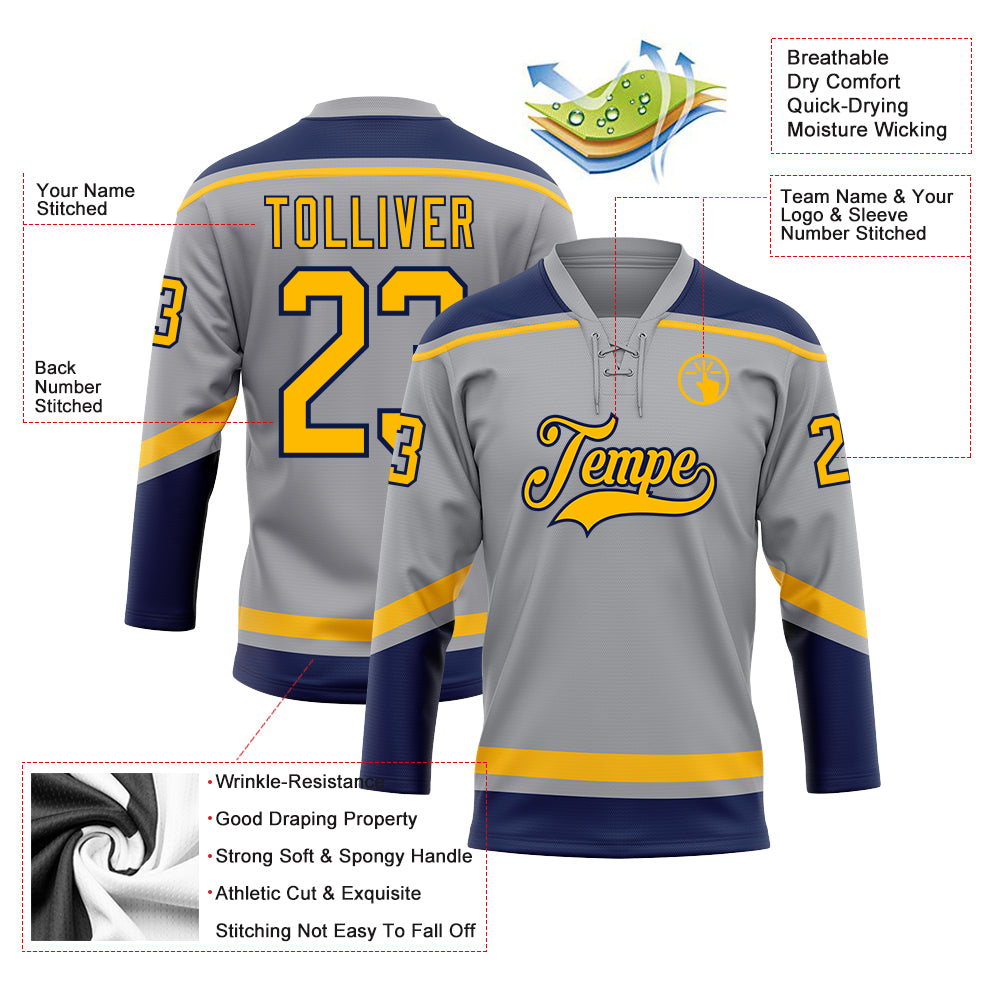 Custom Gray Gold-Navy Hockey Lace Neck Jersey