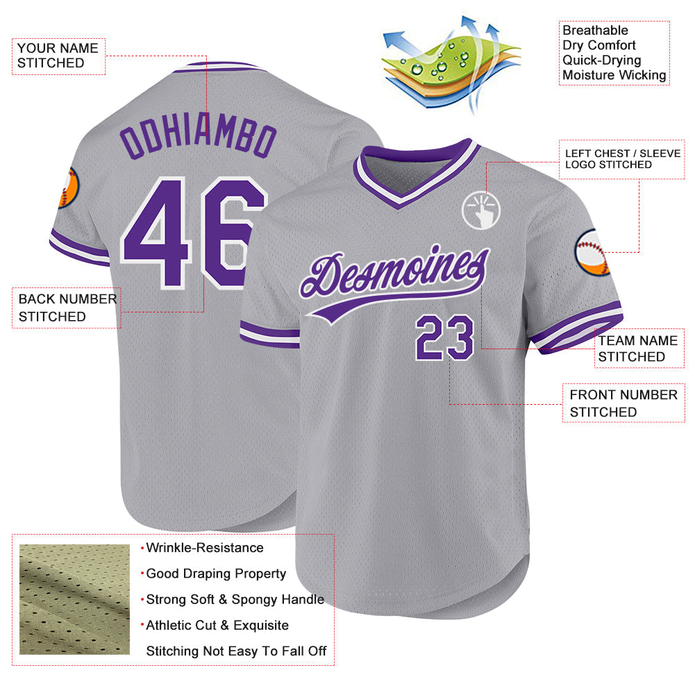 Custom Gray Purple-White Authentic Throwback Baseball Jersey