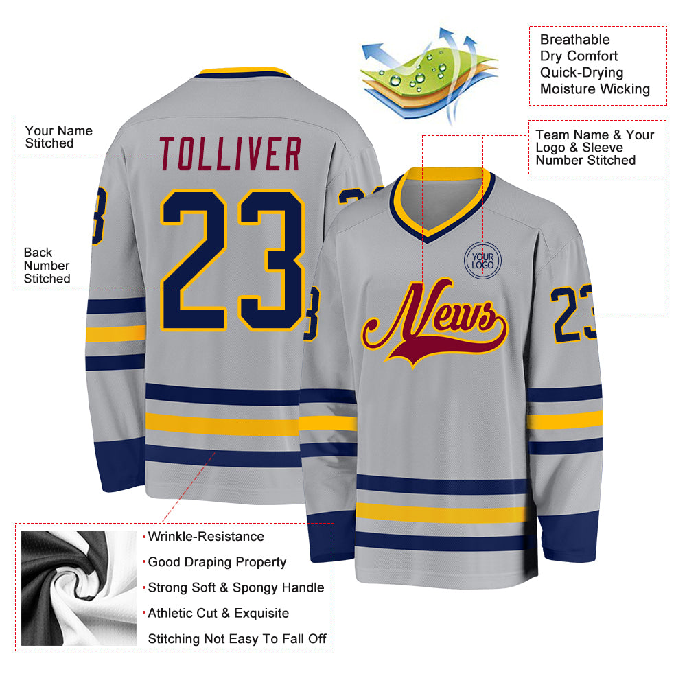 Custom Gray Navy Gold-Maroon Hockey Jersey
